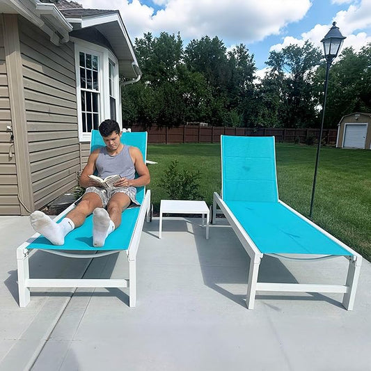 PURPLE LEAF Outdoor Chaise Lounge Set Elderly-Friendly Straight Legs Adjustable Sunbathing Recliner with Side Table for Back Support Poolside Beach Patio Lounge Chairs Blue