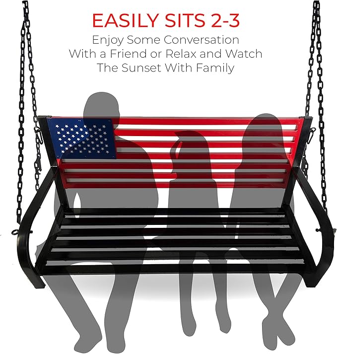 Backyard Expressions Patio · Home · Garden 908353-NM Outdoor Porch Metal American Flag Patio Swing-Red - Photo 3