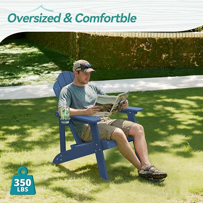 HDPE Adirondack Chairs Set of 2, Weather Resistant Outdoor Seating with Hidden Cup Holder for Porch, Poolside, Deck & Lake House, Blue