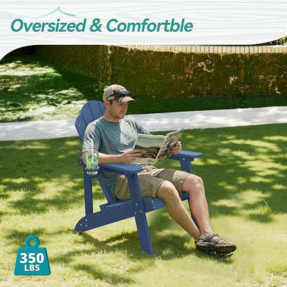 HDPE Adirondack Chairs Set of 2, Weather Resistant Outdoor Seating with Hidden Cup Holder for Porch, Poolside, Deck & Lake House, Blue