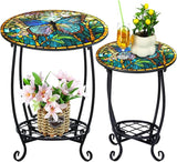 2 Pcs Outdoor Side Table Small Patio Round Mosaic Accent End Table Indoor Plant Metal Coffee Tea Tables for Patio Yard - Photo 1