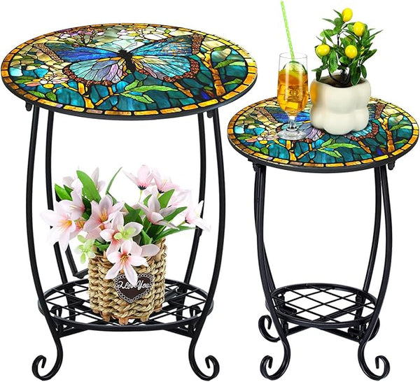 2 Pcs Outdoor Side Table Small Patio Round Mosaic Accent End Table Indoor Plant Metal Coffee Tea Tables for Patio Yard - Photo 1