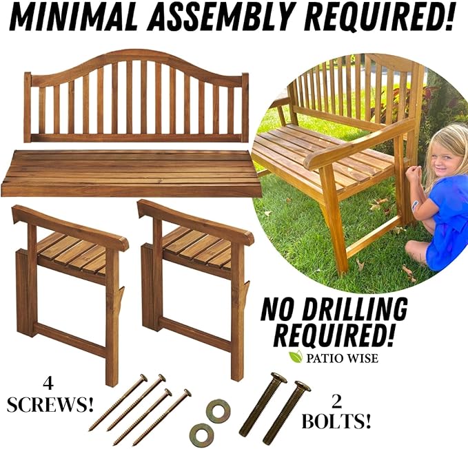 Foldable Acacia Wood Garden Bench, 4 Foot Indoor/Outdoor Wooden Porch, Patio, & Park Seating, Curved Backrest and Armrest, 48" Wide x 24-3/4" Deep x 41" High, Teak Color