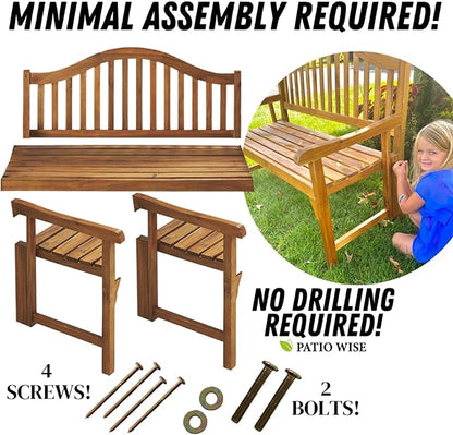 Foldable Acacia Wood Garden Bench, 4 Foot Indoor/Outdoor Wooden Porch, Patio, & Park Seating, Curved Backrest and Armrest, 48" Wide x 24-3/4" Deep x 41" High, Teak Color