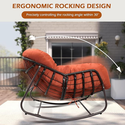 Papasan Rocking Chair Indoor & Outdoor, Oversized Egg-Shaped Papasan Rocker with Cushion & Pillow, All-Weather Wicker Patio Lounge Chair for Garden, Porch, Living Room (Red)