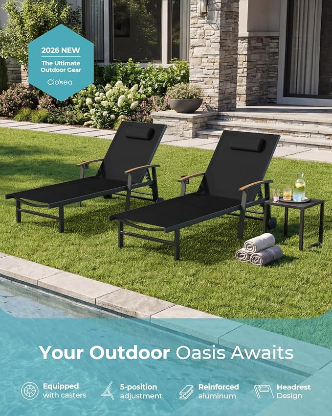 Ciokea Outdoor Lounge Chair with Pillow Set of 4, 5-Position Chaise Lounge with Wheels & Armrests - Photo 7