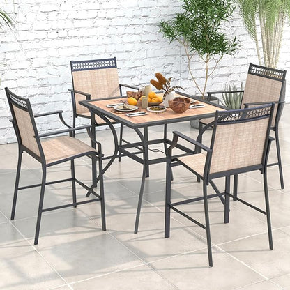 Tangkula Metal Square Patio Dining Table for 4, Heavy Duty Bistro Table with Adjustable Umbrella Hole & Wooden-Like Waterproof Tabletop, Outdoor Dinner Table for for Backyard, Deck, Lawn, Poolside