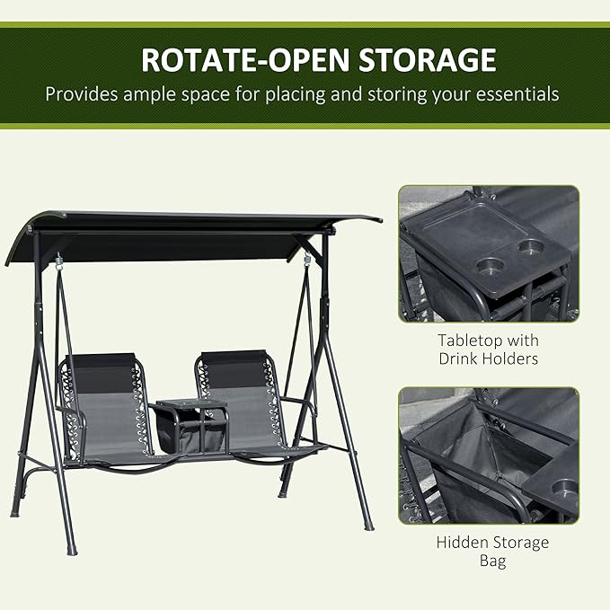 Outsunny 2-Seat Patio Swing Chair, Outdoor Canopy Swing Glider with Pivot Storage Table, Cup Holder, Adjustable Shade - Photo 5
