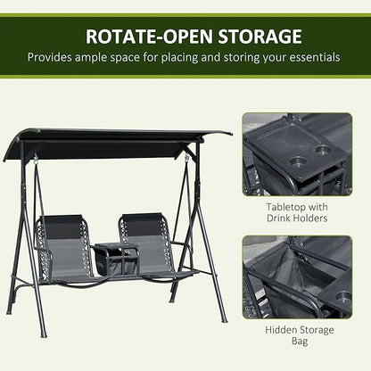 Outsunny 2-Seat Patio Swing Chair, Outdoor Canopy Swing Glider with Pivot Storage Table, Cup Holder, Adjustable Shade, Bungie Seat Suspension and Weather Resistant Steel Frame, Black