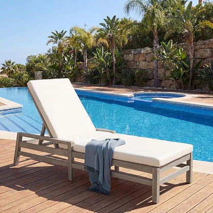 Outdoor Chaise Lounge Chair, Patio Chaise Lounge Recliner with Adjustable Backrest, Acacia Wood Poolside Chaise Lounge with Thick All-Weather Cushions for Patio, Deck and Backyard(A)
