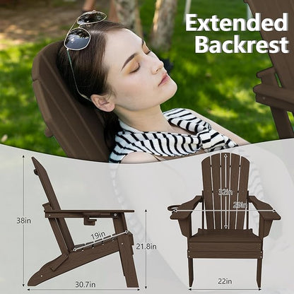 Plawdlik Folding Adirondack Chair Set of 2, Cup Holder，Wooden Textured ，Heavy All-Weather HDPE Comfortable Set Poolside Backyard Lawn Coffee