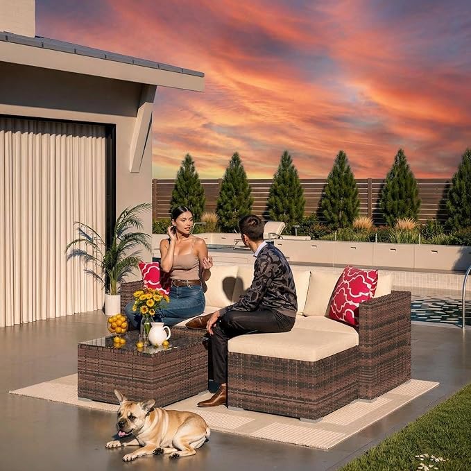 5-Piece Patio Sectional Sofa Set, All-Weather Brown PE Rattan Outdoor Conversation Furniture with Neutral-Tone Cushions - Photo 6