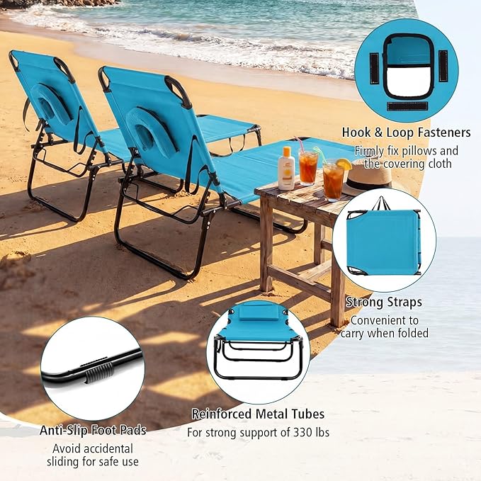 GYMAX Tanning Chair, Folding Lounge Chairs with Face Hole & Cover, Removable Pillow Carry Handle - Photo 8