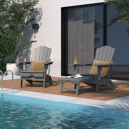 Adjustable Adirondack Chairs with Retractable Ottoman Set of 4, HDEP Folding Adirondack Chair with Footrest & Cup Holder, All Weather Fire Pit Chair for Outdoor,Grey