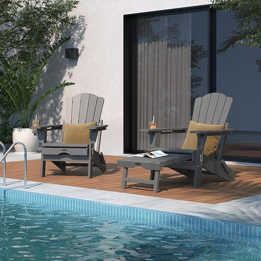 Adjustable Adirondack Chairs with Retractable Ottoman Set of 8, HDEP Folding Adirondack Chair with Footrest & Cup Holder, All Weather Fire Pit Chair for Outdoor,Grey