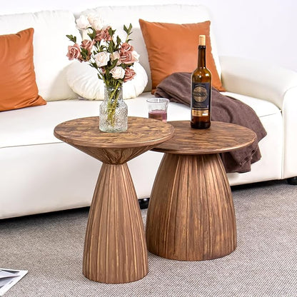 Round Small Patio Side Table Set of 2, Patio Furniture Accent End Table, Metal Steel Outdoor Side Table, for Garden, Pool, Yard, Balcony, Living Room, Deck, Weather Resistant, No Assembly, Wood Color