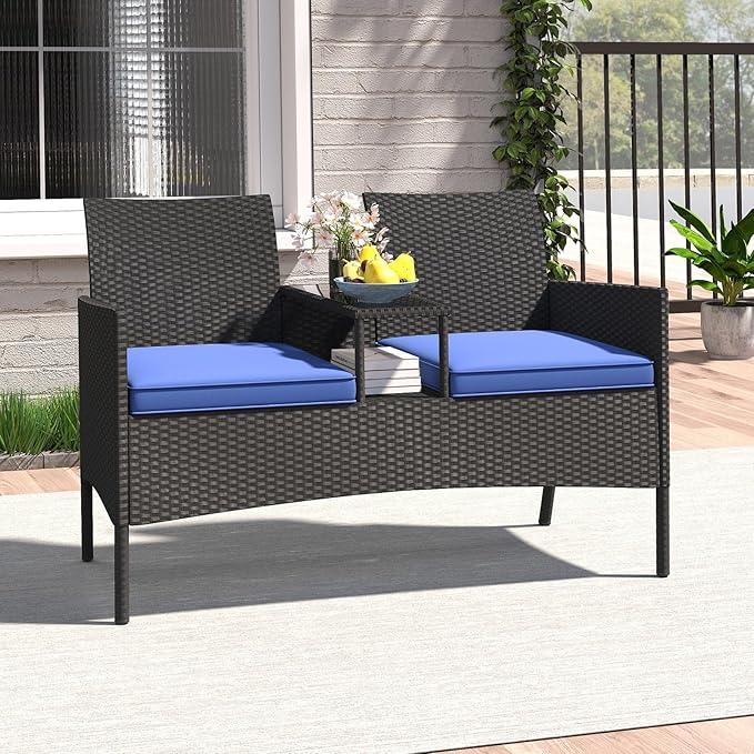 HAPPYGRILL Outdoor Rattan Loveseat, 2-Seat Patio Conversation Set with Built-in Coffee Table, Cushions, Wicker Bench Furniture for Backyard, Garden, Balcony, Porch (Navy)