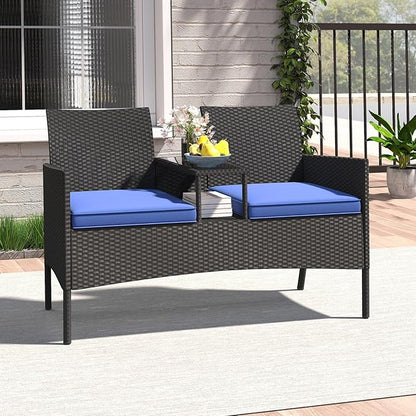 HAPPYGRILL Outdoor Rattan Loveseat, 2-Seat Patio Conversation Set with Built-in Coffee Table, Cushions, Wicker Bench Furniture for Backyard, Garden, Balcony, Porch (Navy)