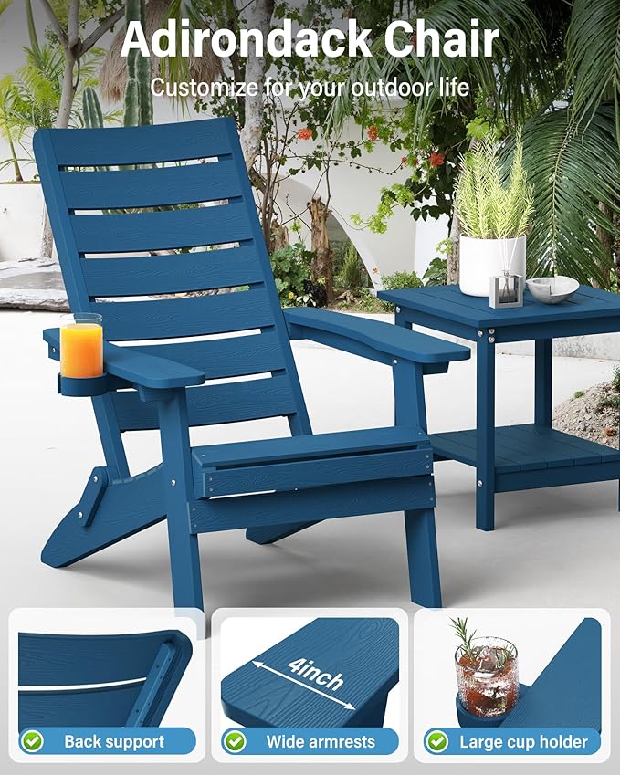YEFU Oversized Folding Adirondack Chair: Plastic Outdoor Heavy Duty Fire Pit Chair with Comfort Arc Backrest & Cup Holder - All Weather HIPS Adirondack Chairs for Lawn Backyard Garden Navy