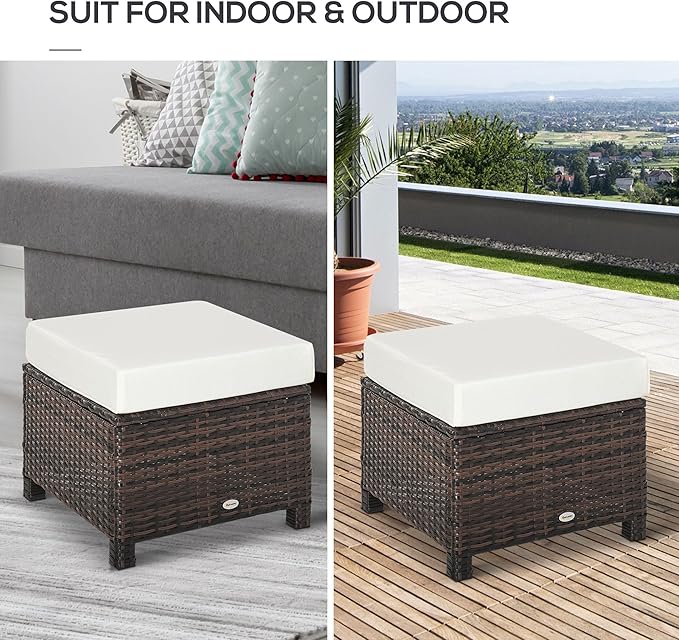 Outsunny 20" Patio Wicker Ottoman, Multipurpose Outdoor PE Rattan Footrest, Additional Seating, Side Table with Soft Cushion, Brown, White