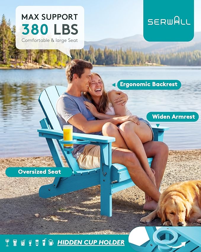 SERWALL Folding Adirondack Chair with Cup Holder Outdoor Adirondack Chairs Weather Resistant Patio Chair Fire Pit - Photo 9