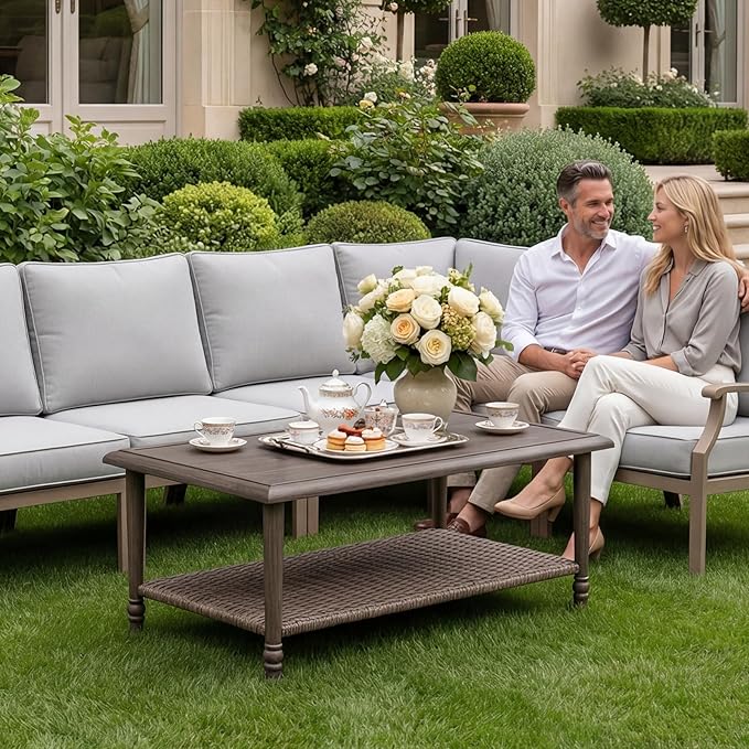 Outdoor Coffee Table Rectangular, Metal&Wicker Patio Table for Outside, Outdoor PE Wicker Coffee Table, All-Weather Coffee Side Table with Storage, Patio Furniture for Patio Balcony Porch (Brown)