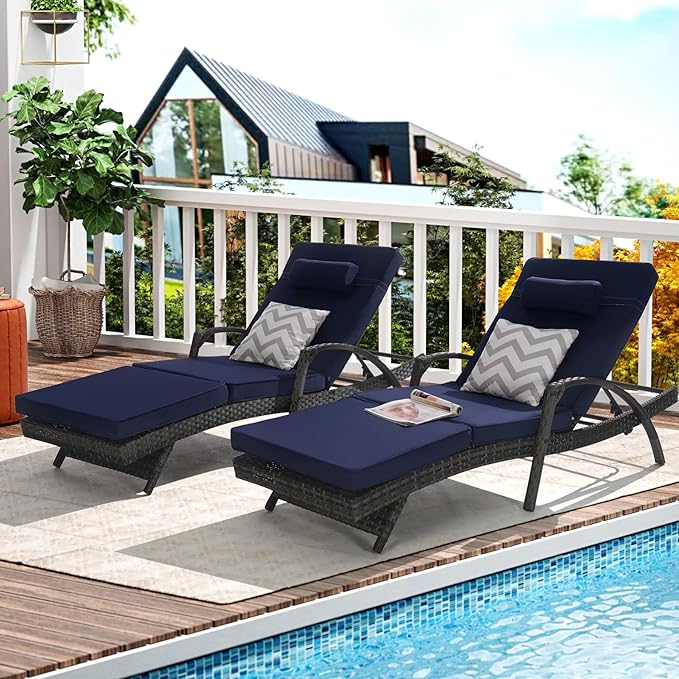 KEIKI Wicker Outdoor Chaise Lounge Chairs Set of 2 for Patio & Pool Side with 5-Level Adjustable Backrest and Cushions - Photo 1