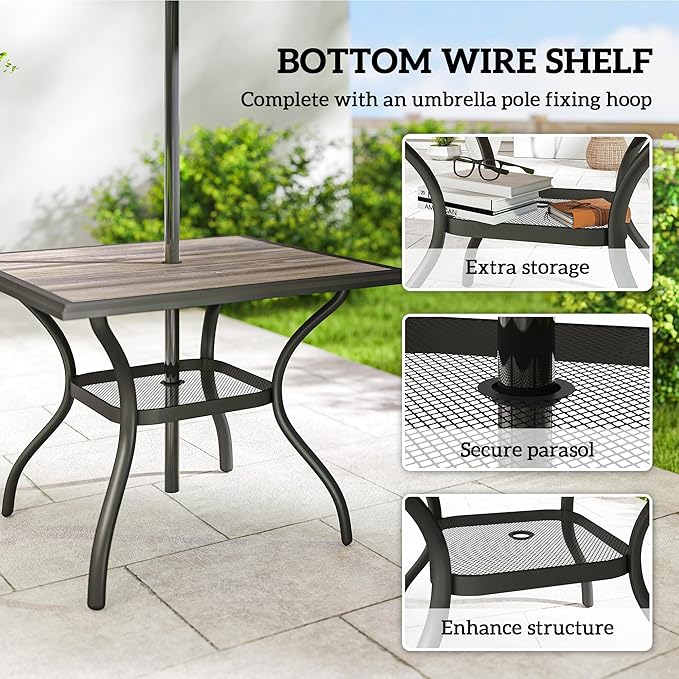 Outsunny Outdoor Dining Table for 4 People, 37" Square Patio Table with Umbrella Hole, Storage Shelf and Faux Wood Top, Metal Frame Outdoor Furniture for Garden, Backyard, Deck, Gray