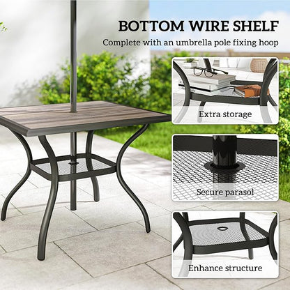 Outsunny Outdoor Dining Table for 4 People, 37" Square Patio Table with Umbrella Hole, Storage Shelf and Faux Wood Top, Metal Frame Outdoor Furniture for Garden, Backyard, Deck, Gray