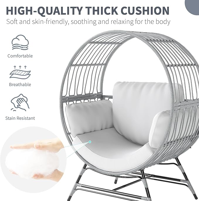 Fancyango Egg Chair Outdoor Indoor, Oversized Rattan Chair with Thicken Cushion, 350LBS Capacity Wicker Patio Lounge Chair, Basket Chair for Living Room Balcony Porch Backyard, Grey/Light Grey