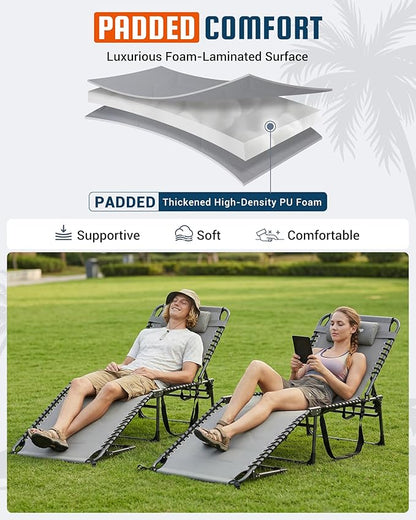 KingCamp Oversized Tanning Chair, Extra-Wide Padded Folding Chase Lounge Chairs Portable Adjustable 5-Position 440lbs Heavy Duty Lounger with Double-Layer Oxford for Outdoor Beach Patio Sun Pool Grey