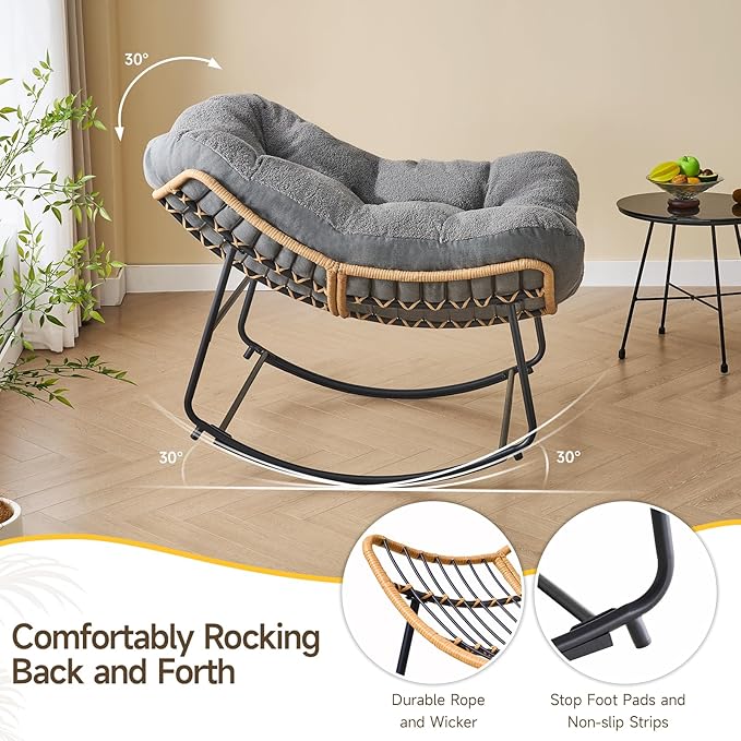 ONBRILL Outdoor Rocking Chairs, Oversized Papasan Rocking Chair Indoors with Padded Cushions, Rattan Wicker Lounge Chair for Living Room, Porch, Patio, Garden, Gray