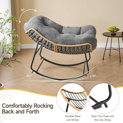 ONBRILL Outdoor Rocking Chairs, Oversized Papasan Rocking Chair Indoors with Padded Cushions, Rattan Wicker Lounge Chair for Living Room, Porch, Patio, Garden, Gray