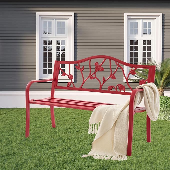 50" Outdoor Garden Bench, Cast Iron Metal Outdoor Benches Weatherproof with Artistic Strawberry Backrest, Red Patio Bench for Porch, Backyard, Lawn