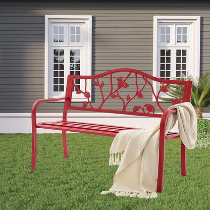 50" Outdoor Garden Bench, Cast Iron Metal Outdoor Benches Weatherproof with Artistic Strawberry Backrest, Red Patio Bench for Porch, Backyard, Lawn