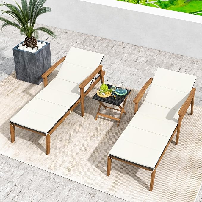 Tangkula Outdoor Chaise Lounge Chair, Rattan Patio Recliner with Armrests & 4-Level Backrest Adjustment, Cushioned Acacia Wood Patio Lounge Chair for Poolside, Backyard, Balcony
