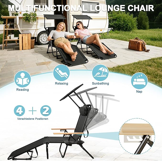Outdoor Chaise Lounge Chair with 4-Position Adjustable Backrest, Patio Folding Sun Tanning Chair, Pillow & Cup Holder - Photo 6