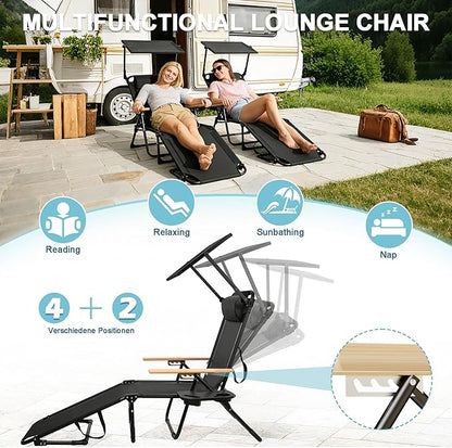 Outdoor Chaise Lounge Chair with 4-Position Adjustable Backrest,Patio Folding Sun Tanning Chair,Pillow & Cup Holder,Portable Recliner Sunbathing Lounger Chairs for Beach Garden (Black with Shade)