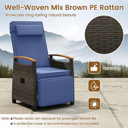 LDAILY Moccha Wicker Outdoor Recliner Chair - Rattan Lounge Chair with Adjustable Backrest & Footrest, Flip Side Table, Cushion, Push Back Reclining Seat for Pool Yard Patio Porch Balcony (Navy)