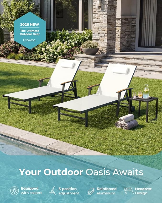 Ciokea Outdoor Lounge Chair with Pillow Set of 2, 5-Position Aluminum Chaise Lounge with Wheels & Armrests - Photo 7