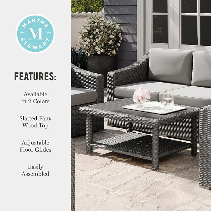 Martha Stewart Bedford Indoor-Outdoor Patio Coffee Table with Lower Shelf, Faux Wood Top - Photo 7