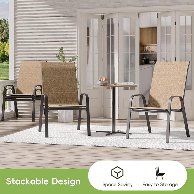 Patio Chairs Set of 2, Outdoor Dining Chairs Stackable for All Weather, Breathable Metal Modern Outside Furniture Chair for Pool Side, Garden, Backyard Deck, Brown