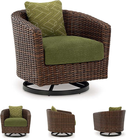 Signature Design by Ashley Horizon Hall Casual Outdoor Weather Resistant Swivel Lounge Chair with Removable Cushion, Green & Dark Brown