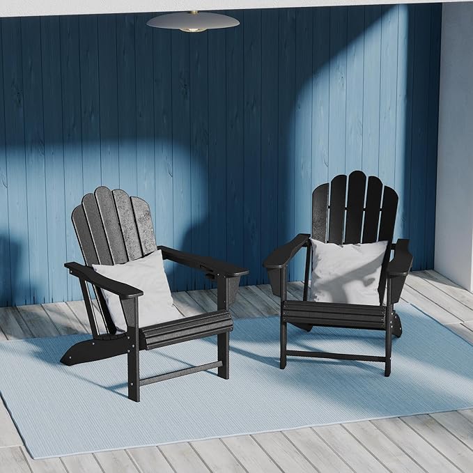 Costaelm Lakeview Outdoor Patio HDPE Adirondack Chairs with Cup Holders (Set of 2), Black