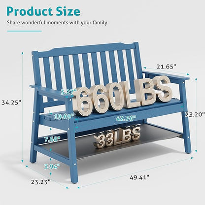 UEV Outdoor Bench, 2-Person Garden Bench, All Weather Fade/Rot Resistant Patio Bench with 660lbs Weight Capacity for Outdoors,Porch,Backyard(Blue)