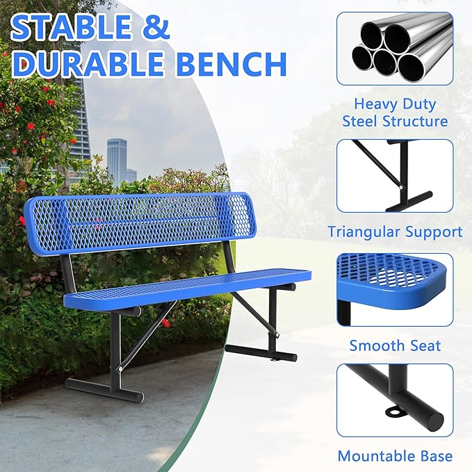 72" Metal Park Benches for Outside - Blue Outdoor Benches Heavy Duty Garden Weatherproof Bench with Backrest, Buddy Bench for Schools,Commercial Benches for Shopping Mall, Store, Yard, Patio