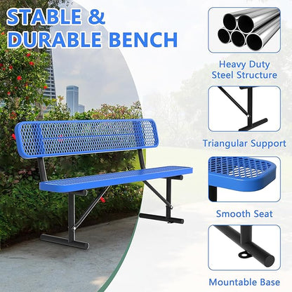 72" Metal Park Benches for Outside - Blue Outdoor Benches Heavy Duty Garden Weatherproof Bench with Backrest, Buddy Bench for Schools,Commercial Benches for Shopping Mall, Store, Yard, Patio