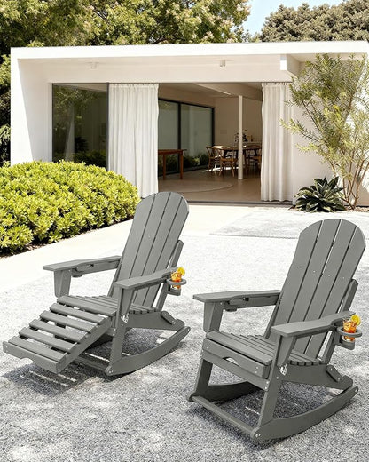 Adirondack Rocking Chairs Set of 2 with Retractable Ottoman, All Weather Folding Adirondack Chair with Two Cup Holders, Adirondack Outdoor Rocking Chairs for Porch, Patio, Balcony. White Grey