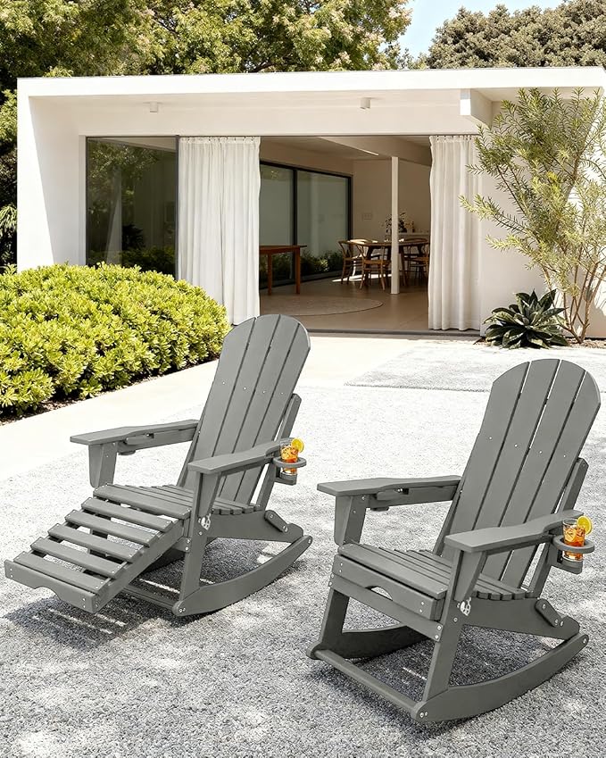 Adirondack Rocking Chairs Set of 4 with Retractable Ottoman, All Weather Folding Adirondack Chair with Two Cup Holders, Adirondack Outdoor Rocking Chairs for Porch, Patio, Balcony. White Grey