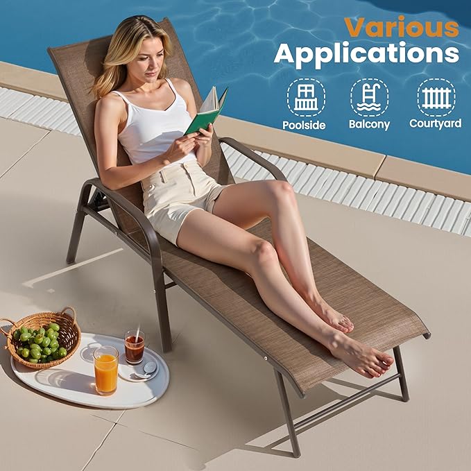 Crestlive Products Chaise Lounge Chair Outdoor with Armrests, Pool Lounge Chairs Set of 4, Aluminum Adjustable 5 Positions Sun Tanning Lounger for Patio, Poolside, Yard, Deck, Backyard (Brown)